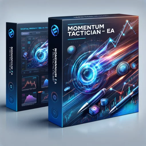 Sophisticated digital product box for Momentum Tactician EA showcasing speed, precision, and modern technology in forex trading.